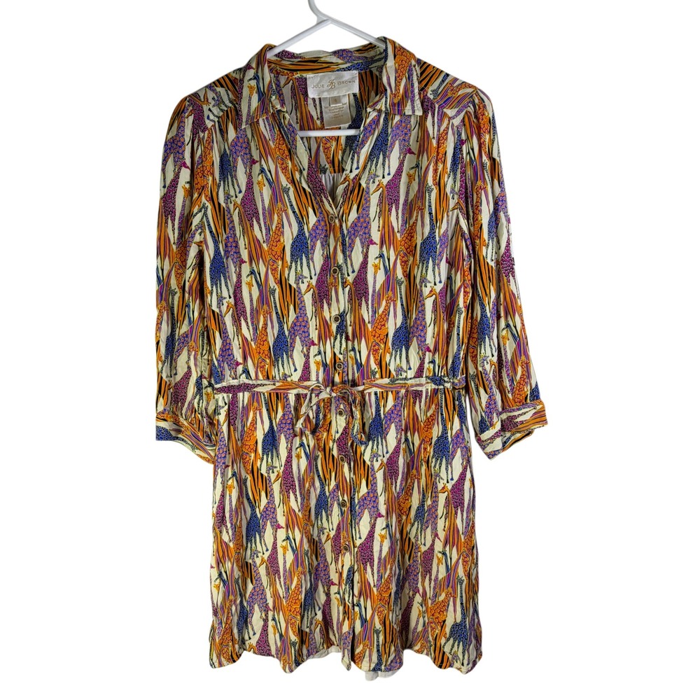 Julie Brown Size 6 Giraffe Print Cotton Button Front Shirt Dress Tie Waist